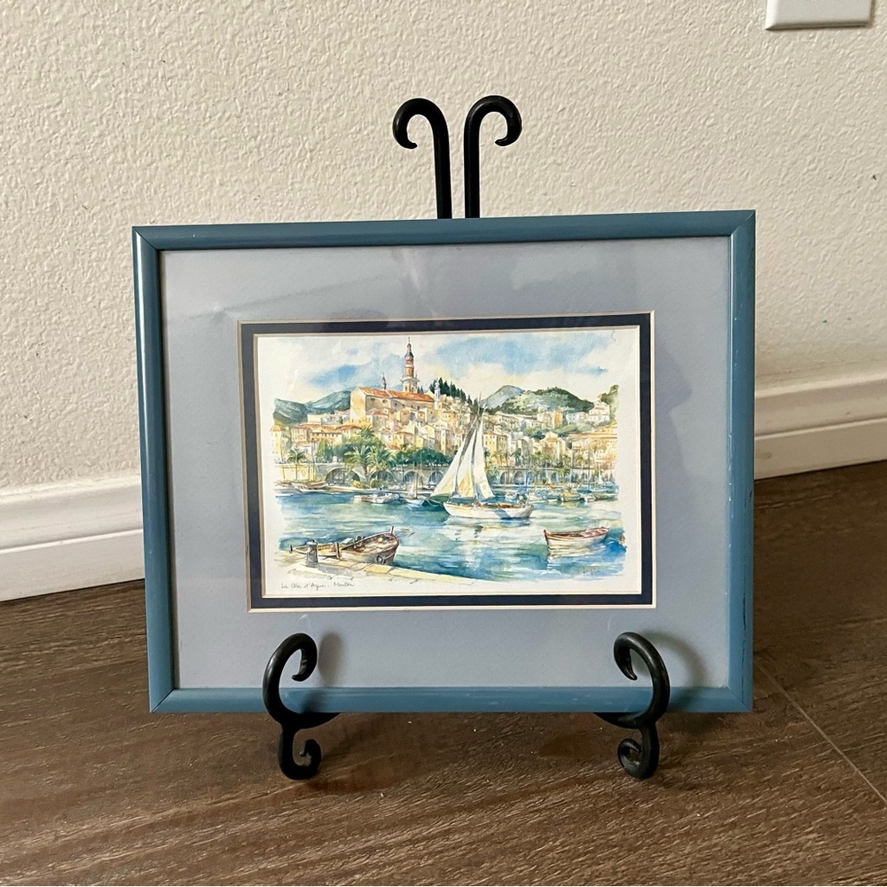 Blue Framed watercolor “Menton” French Riviera Art Print 9/11 inch